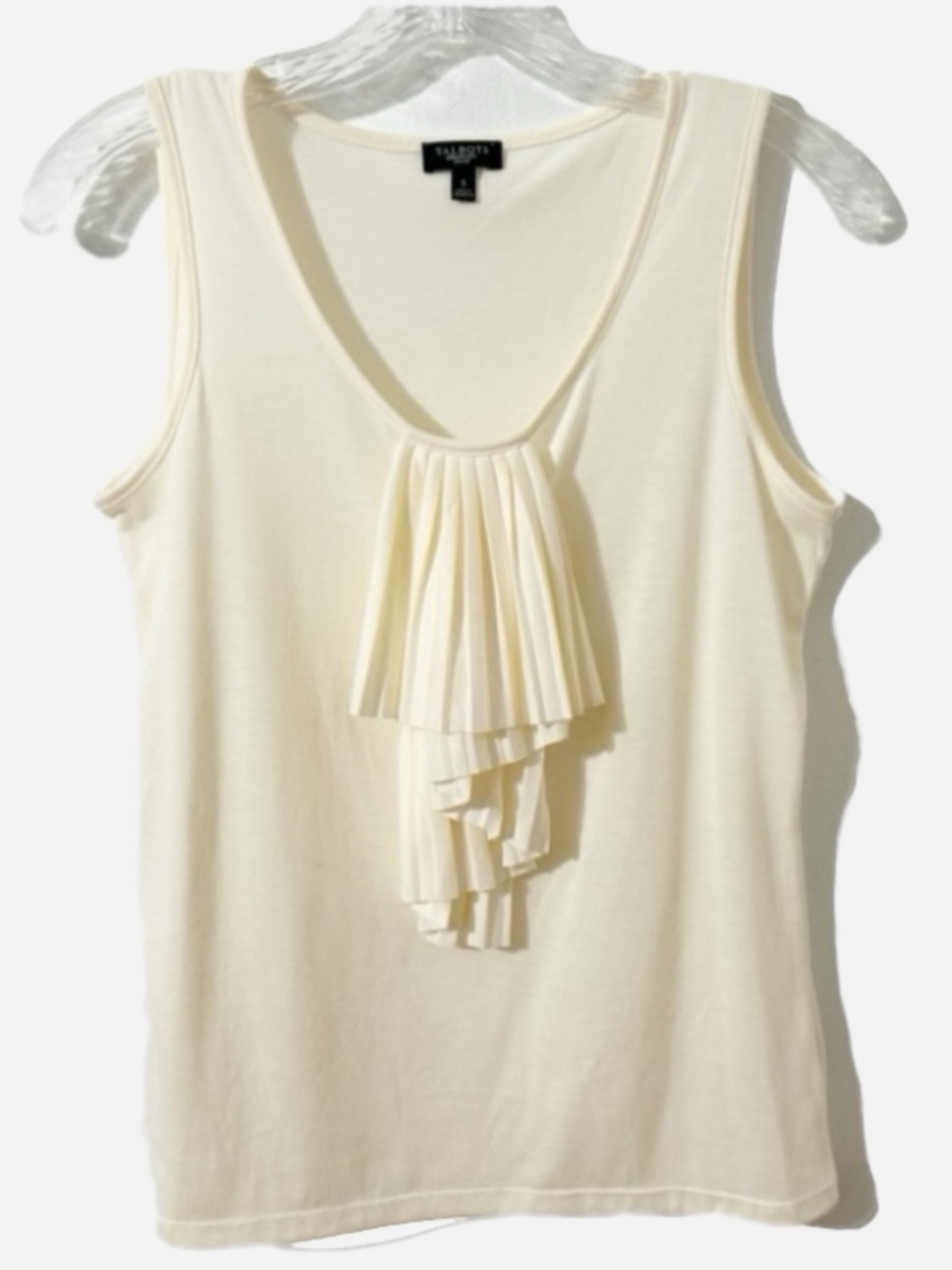 Talbots Petites Sleeveless V-Scoop Neck Tank Top Ruffled Detail in Front Cream